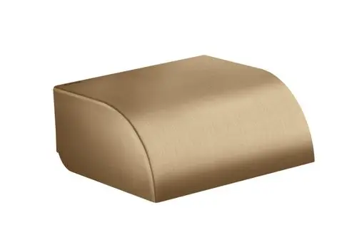 Ein gediegener Toilettenpapierhalter von AXOR in Brushed Bronze mit einem geschlossenen Deckel. Die Oberfläche zeigt eine matte, gebürstete Struktur.